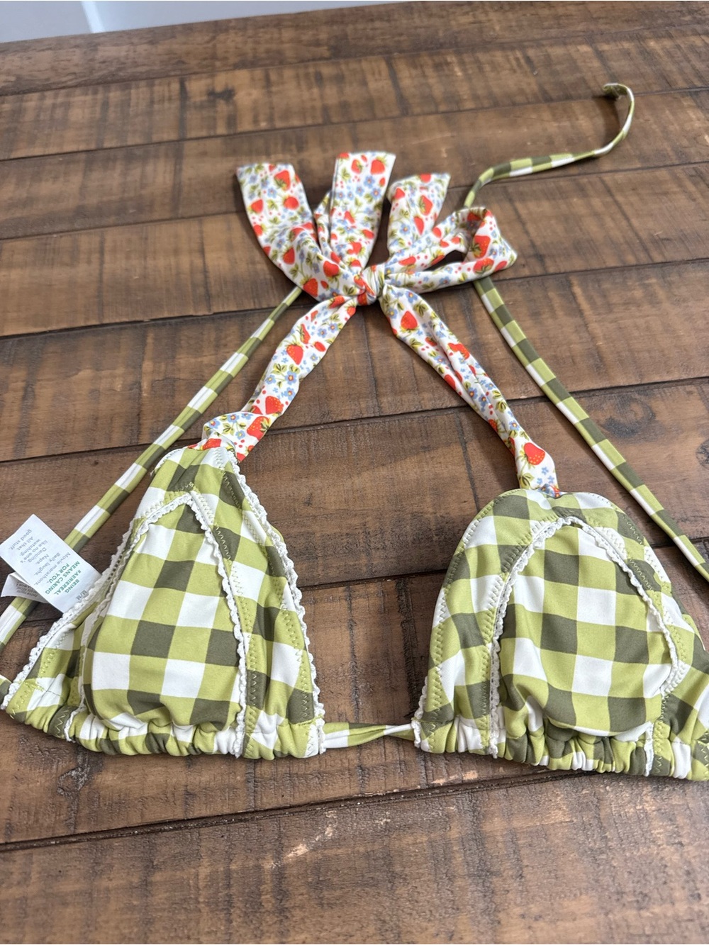 aerie Green and White Checkered Triangle Bikini Top with Floral Ties